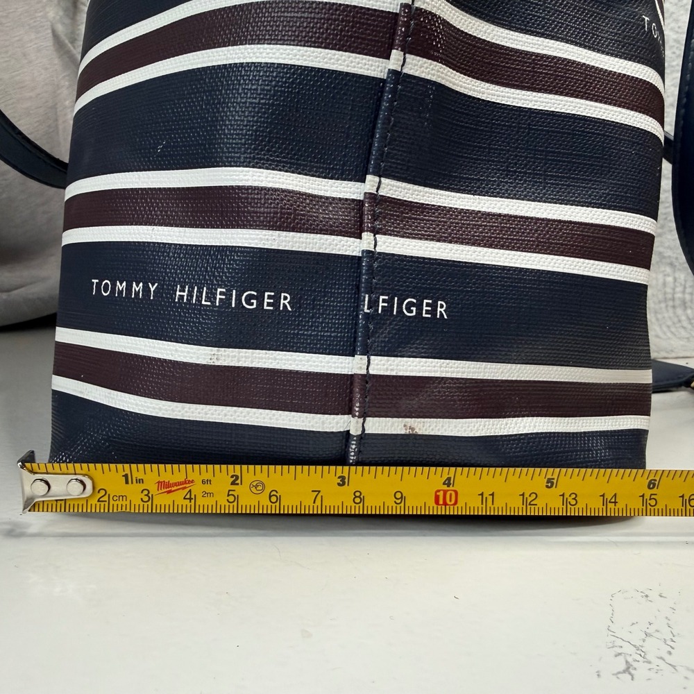 Tommy Hilfiger Navy Blue Red White Striped 13" Tote Bag Card Holder Pockets - Picture 5 of 16